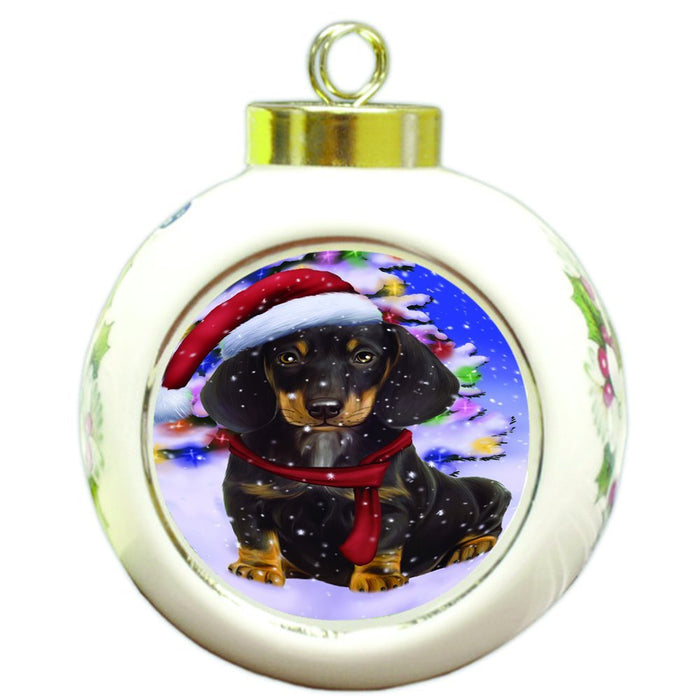 Winterland Wonderland Dachshunds Dog In Christmas Holiday Scenic Background Round Ball Ornament D562