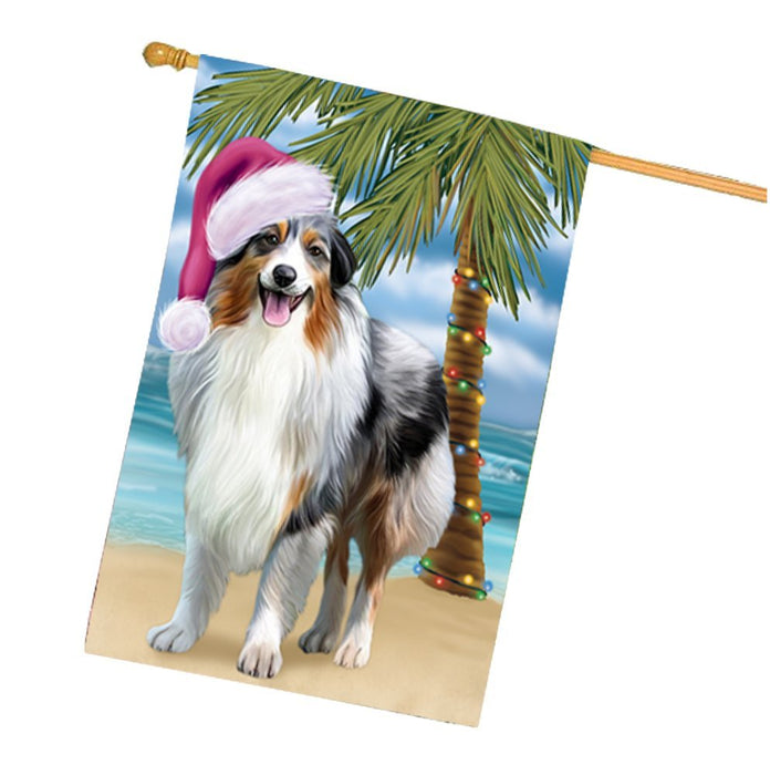 Summertime Christmas Happy Holidays Australian Shepherd Dog on Beach House Flag HFLG317