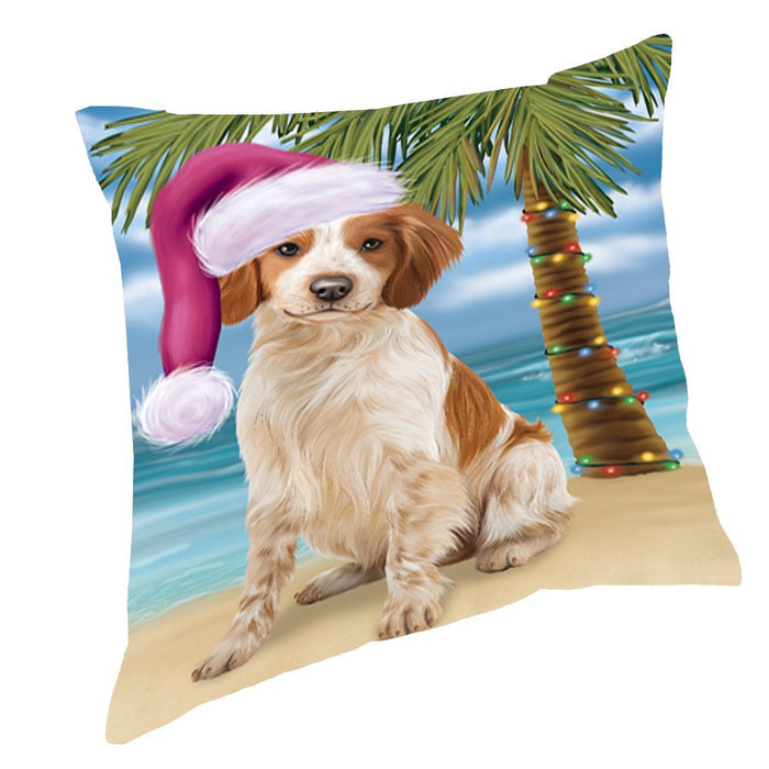 Summertime Christmas Happy Holidays Brittany Spaniel Dog on Beach Throw Pillow PIL1440
