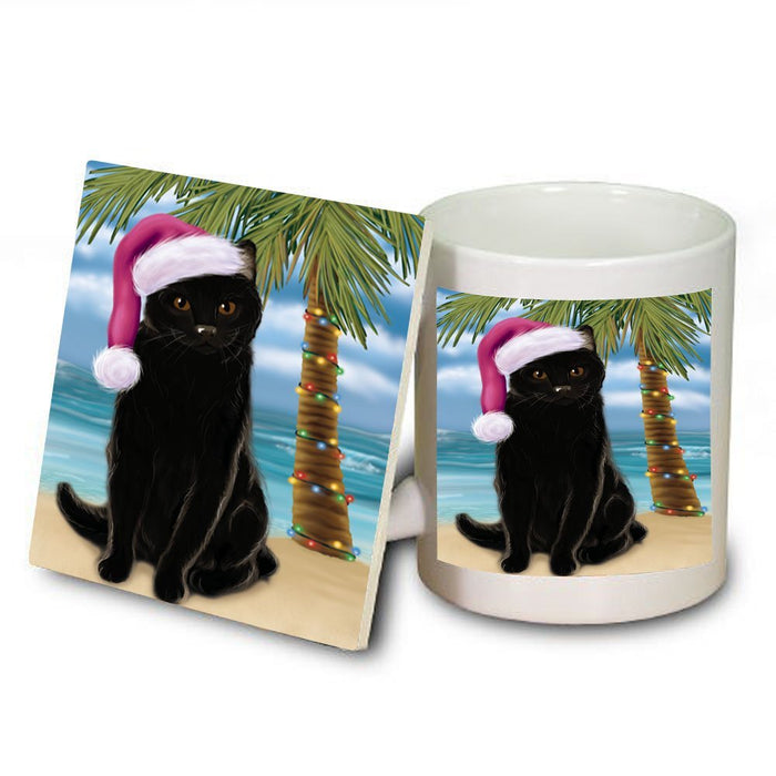Summertime Black Cat on Beach Christmas Mug and Coaster Set MUC0739