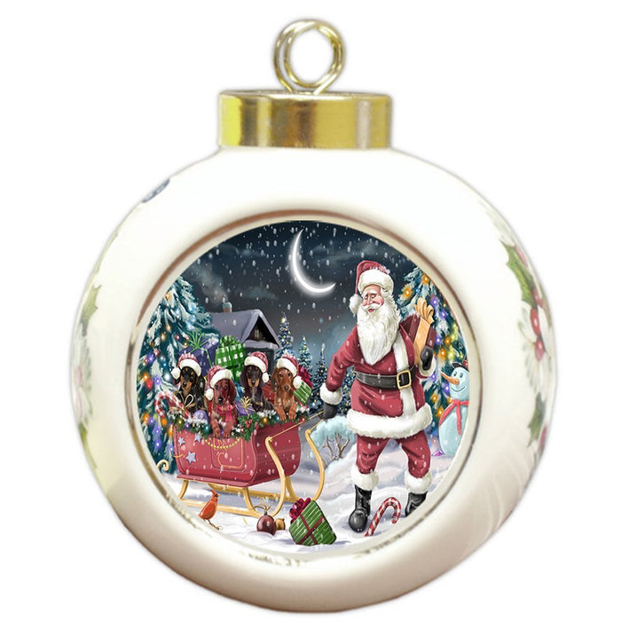 Santa Sled Dogs Dachshund Christmas Round Ball Ornament POR981