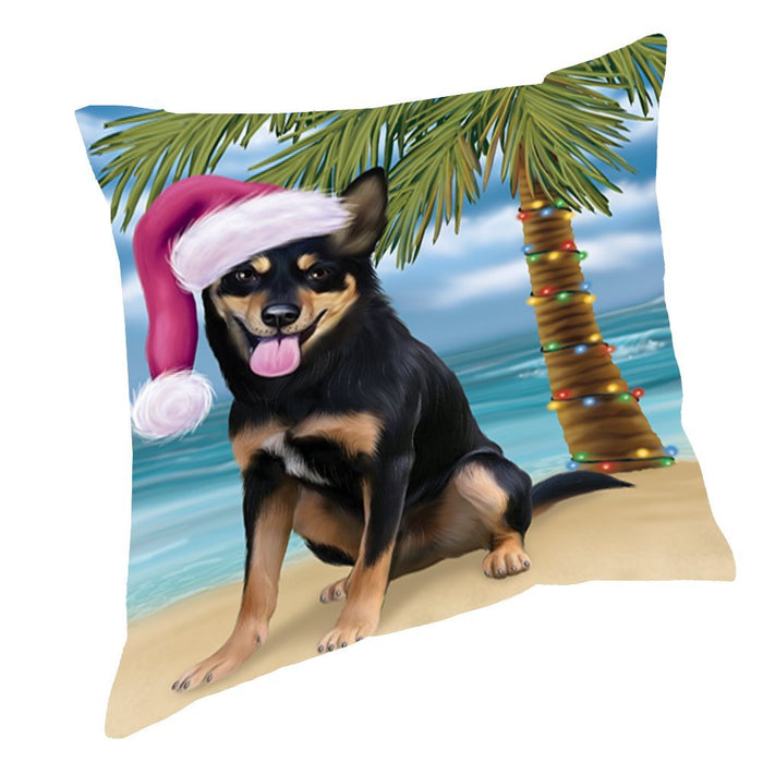 Summertime Christmas Happy Holidays Australian Kelpie Adult Dog on Beach Throw Pillow PIL1400