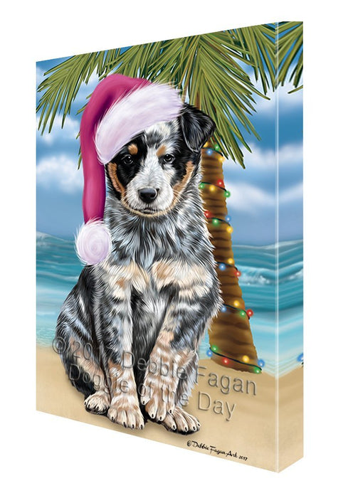 Summertime Happy Holidays Christmas Australian Cattle Dog Dog on Tropical Island Beach Canvas Wall Art