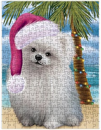 Summertime Happy Holidays Christmas Pomeranian Dog on Tropical Island Beach Puzzle with Photo Tin