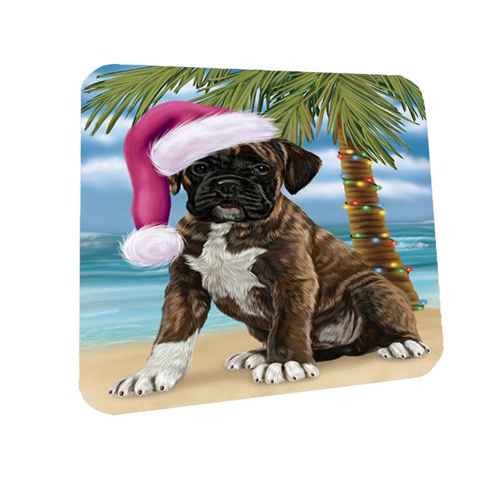 Summertime Happy Holidays Christmas Boxers Dog on Tropical Island Beach Coasters Set of 4