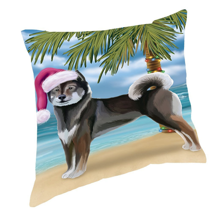 Summertime Christmas Happy Holidays Aiku Dog on Beach Throw Pillow PIL1344