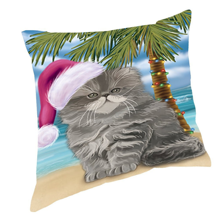 Summertime Christmas Happy Holidays Persian Cat on Beach Throw Pillow PIL1532