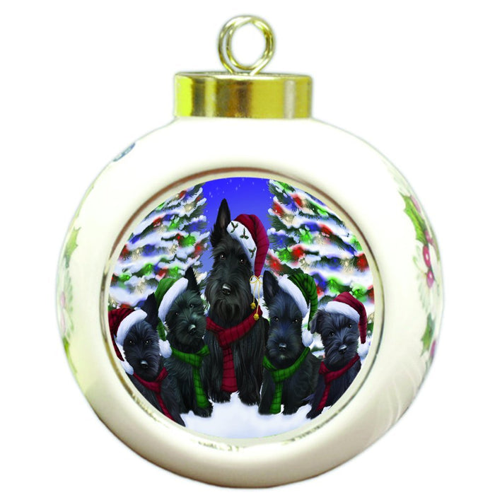 Scottish Terrier Dog Christmas Family Portrait in Holiday Scenic Background Round Ball Ornament D166
