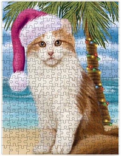 Summertime Happy Holidays Christmas American Curl Cat on Tropical Island Beach Puzzle with Photo Tin