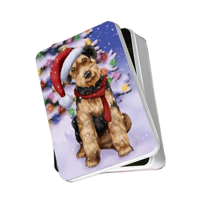 Winterland Wonderland Airedales Dog In Christmas Holiday Scenic Background Photo Storage Tin