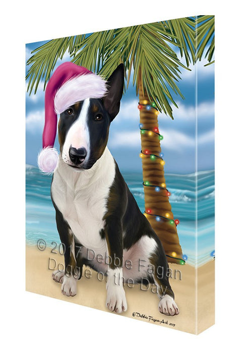 Summertime Happy Holidays Christmas Bull Terrier Dog on Tropical Island Beach Canvas Wall Art
