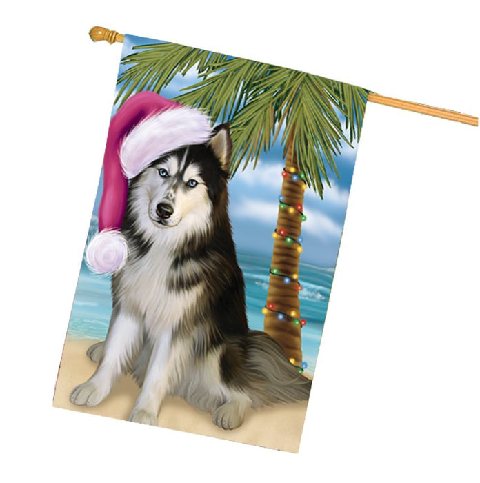 Summertime Happy Holidays Christmas Siberian Husky Dog on Tropical Island Beach House Flag