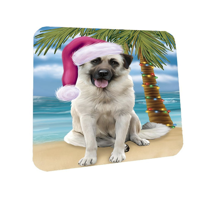 Summertime Happy Holidays Christmas Anatolian Shepherds Dog on Tropical Island Beach Coasters Set of 4
