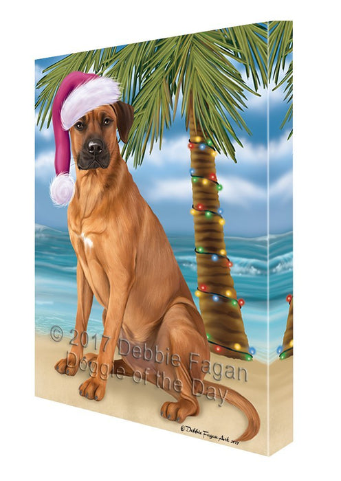 Summertime Happy Holidays Christmas Rhodesian Ridgeback Dog on Tropical Island Beach Canvas Wall Art