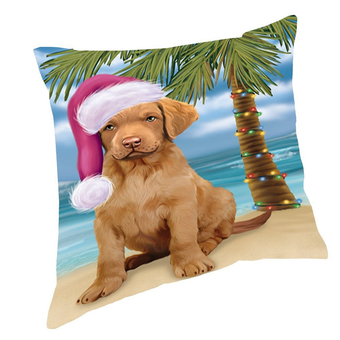 Summertime Christmas Happy Holidays Chesapeake Bay Retriever Puppy on Beach Throw Pillow PIL1468