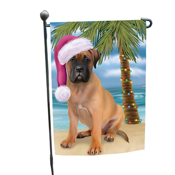 Summertime Happy Holidays Christmas Bull Mastiff Dog on Tropical Island Beach Garden Flag