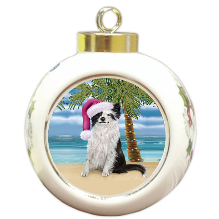 Summertime Happy Holidays Christmas Border Collie Dog on Tropical Island Beach Round Ball Ornament