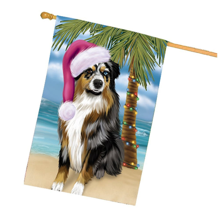 Summertime Happy Holidays Christmas Australian Shepherd Dog on Tropical Island Beach House Flag