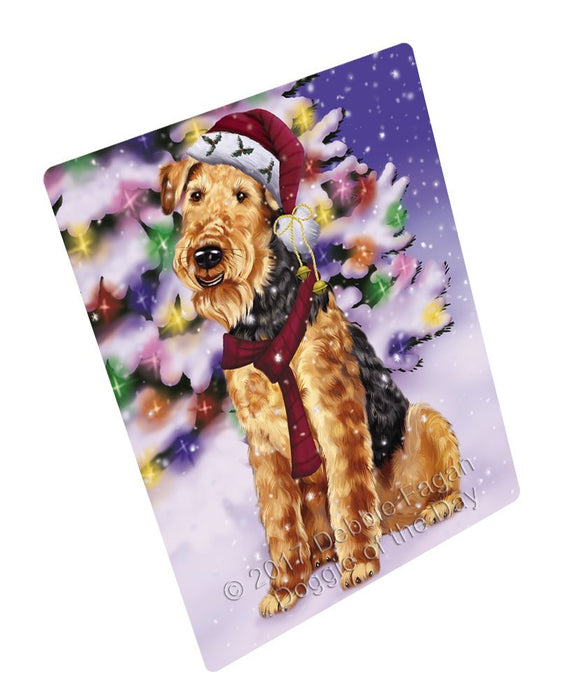 Winterland Wonderland Airedales Adult Dog In Christmas Holiday Scenic Background Tempered Cutting Board