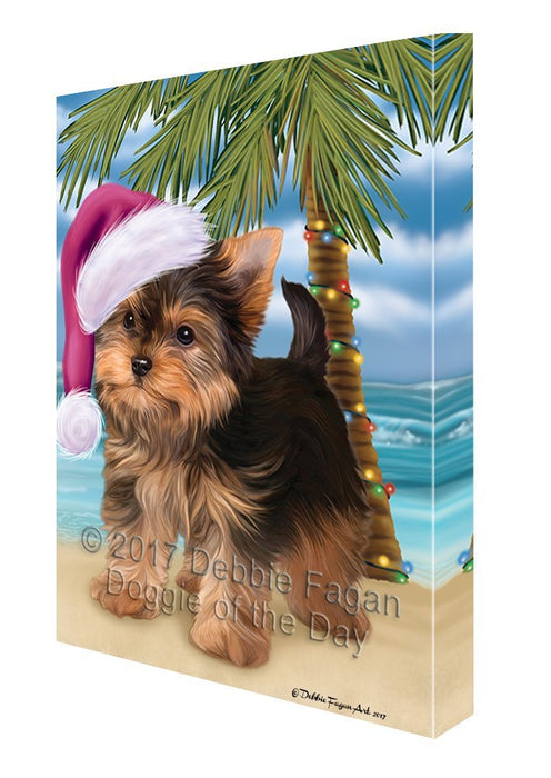 Summertime Happy Holidays Christmas Yorkshire Terrier Puppy Dog on Tropical Island Beach Canvas Wall Art D135