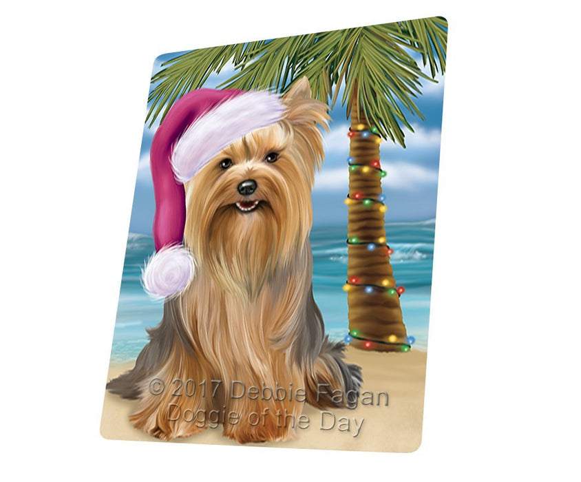 Summertime Happy Holidays Christmas Yorkshire Terriers Dog on Tropical Island Beach Tempered Cutting Board