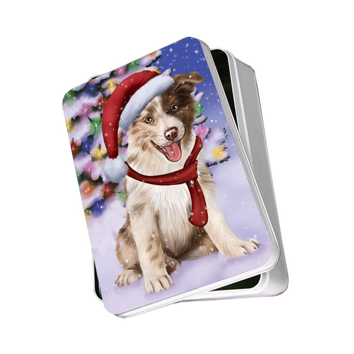 Winterland Wonderland Border Collies Dog In Christmas Holiday Scenic Background Photo Storage Tin