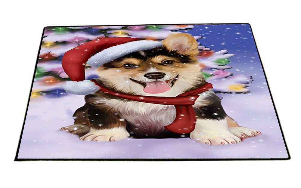 Winterland Wonderland Corgis Puppy Dog In Christmas Holiday Scenic Background Indoor/Outdoor Floormat