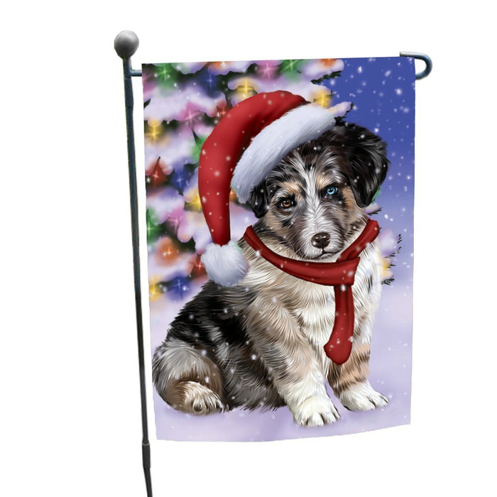 Winterland Wonderland Australian Shepherds Dog In Christmas Holiday Scenic Background Garden Flag