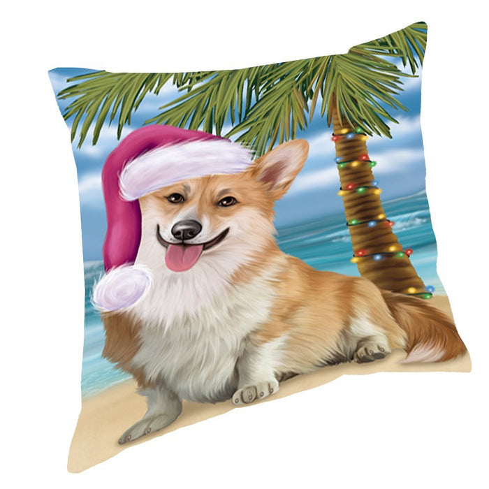 Summertime Happy Holidays Christmas Corgi Dog on Tropical Island Beach Throw Pillow