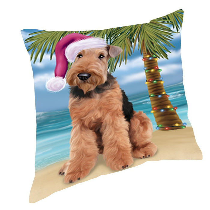 Summertime Christmas Happy Holidays Airedale Dog on Beach Throw Pillow PIL1348