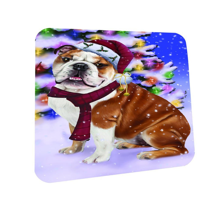 Winterland Wonderland Bulldogs Dog In Christmas Holiday Scenic Background Coasters Set of 4