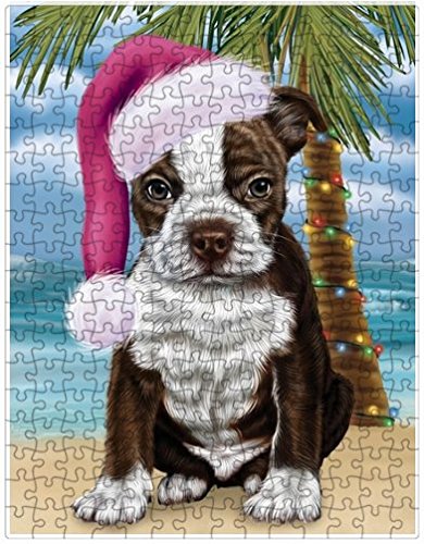 Summertime Happy Holidays Christmas Boston Terriers Dog on Tropical Island Beach Puzzle with Photo Tin
