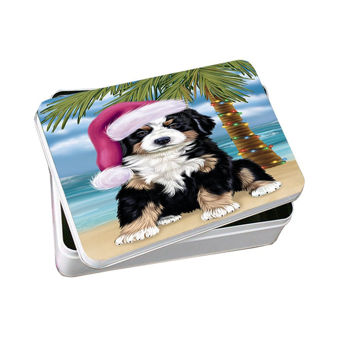 Summertime Happy Holidays Christmas Bernese Dog on Tropical Island Beach Photo Storage Tin