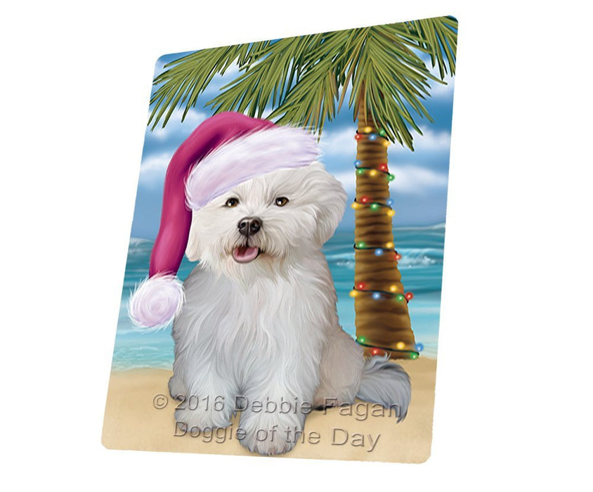 Summertime Happy Holidays Christmas Bichon Frise Dog on Tropical Island Beach Tempered Cutting Board (Small)