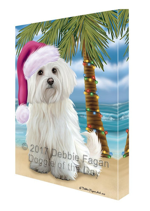 Summertime Happy Holidays Christmas Maltese Dog on Tropical Island Beach Canvas Wall Art
