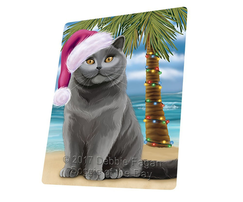 Summertime Happy Holidays Christmas British Shorthair Cat on Tropical Island Beach Tempered Cutting Board D115