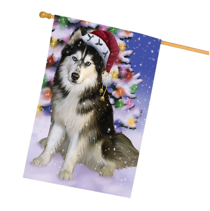 Winterland Wonderland Siberian Huskies Dog In Christmas Holiday Scenic Background House Flag
