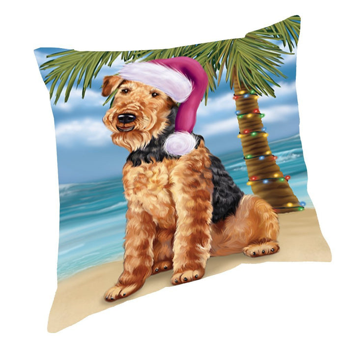 Summertime Happy Holidays Christmas Airedale Dog on Tropical Island Beach Throw Pillow