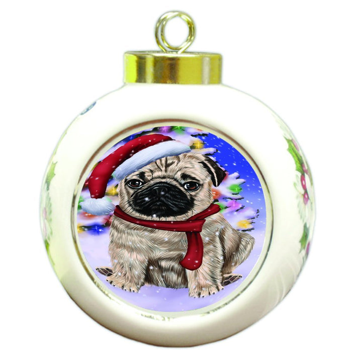 Winterland Wonderland Pug Dog In Christmas Holiday Scenic Background Round Ball Ornament D579