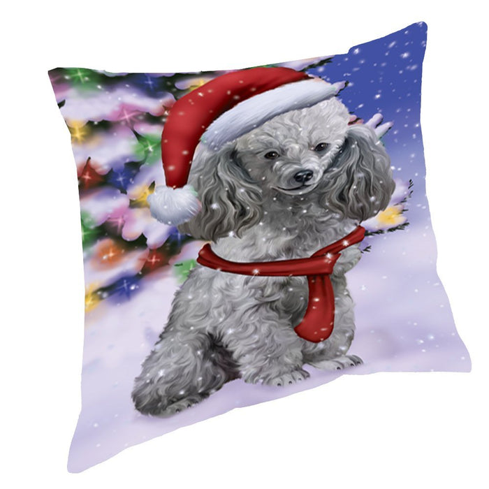 Winterland Wonderland Poodles Puppy Dog In Christmas Holiday Scenic Background Throw Pillow