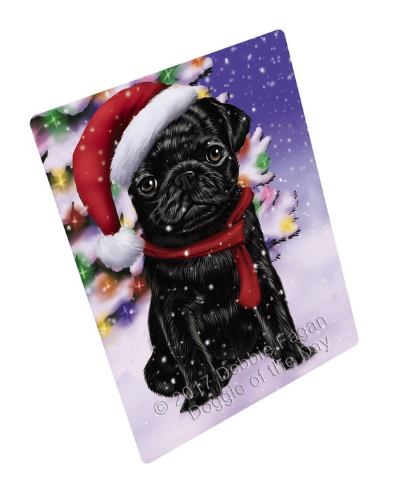 Winterland Wonderland Pug Puppy Dog In Christmas Holiday Scenic Background Tempered Cutting Board