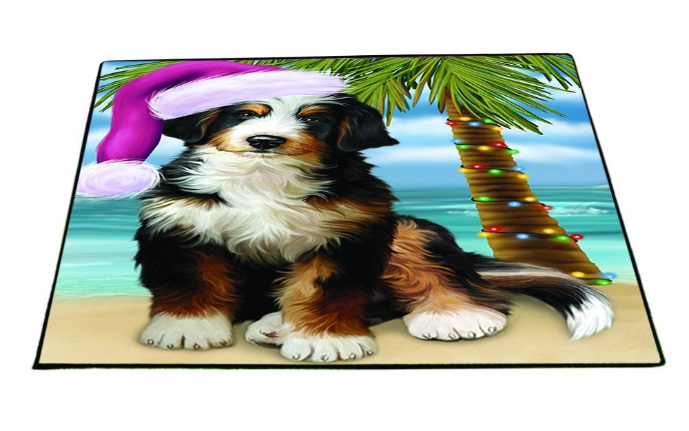 Summertime Happy Holidays Christmas Bernedoodle Dog on Tropical Island Beach Indoor/Outdoor Floormat