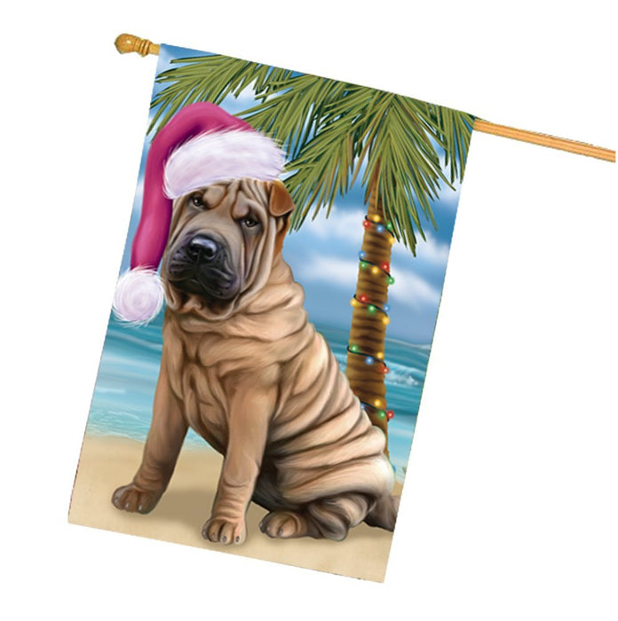 Summertime Happy Holidays Christmas Shar Pei Dog on Tropical Island Beach House Flag