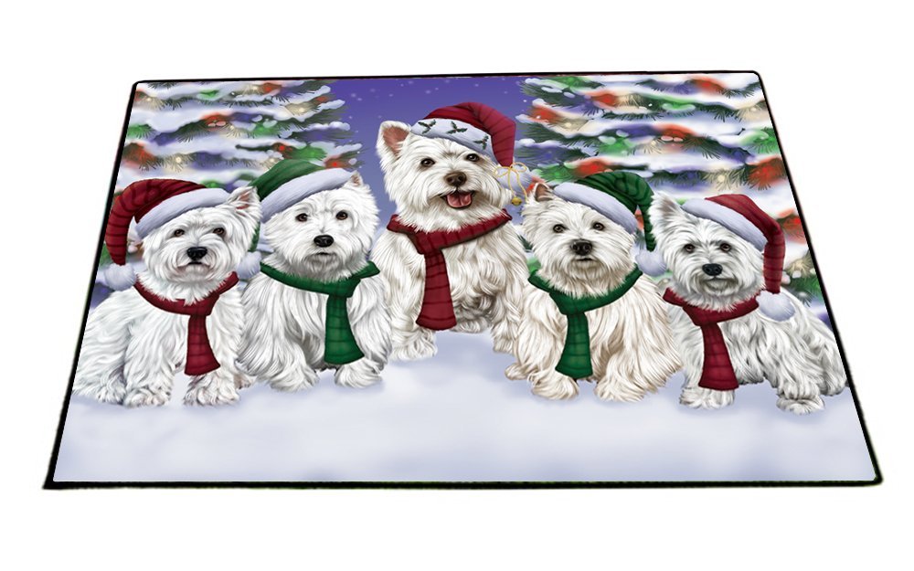 West Highland Terriers Dog Christmas Family Portrait in Holiday Scenic Background Indoor/Outdoor Floormat