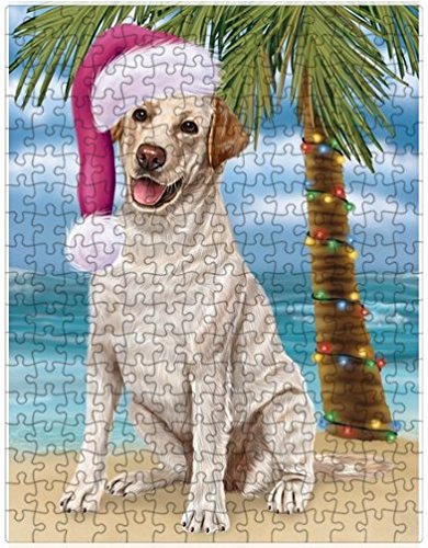 Summertime Happy Holidays Christmas Labrador Dog on Tropical Island Beach Puzzle with Photo Tin