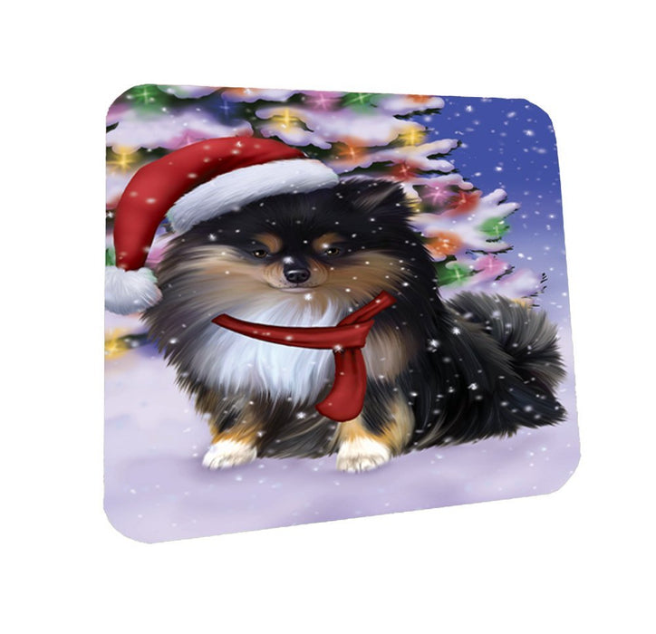 Winterland Wonderland Pomeranians Puppy Dog In Christmas Holiday Scenic Background Coasters Set of 4