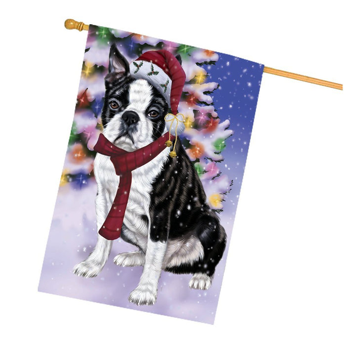 Winterland Wonderland Boston Dog In Christmas Holiday Scenic Background House Flag