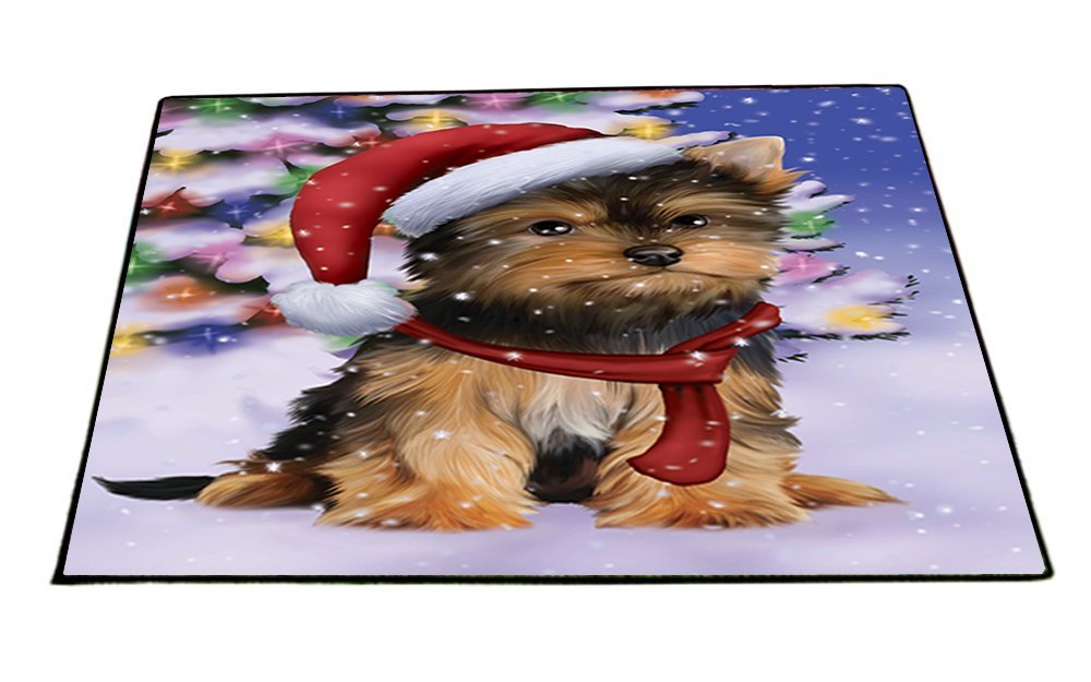 Winterland Wonderland Yorkshire Terriers Puppy Dog In Christmas Holiday Scenic Background Indoor/Outdoor Floormat
