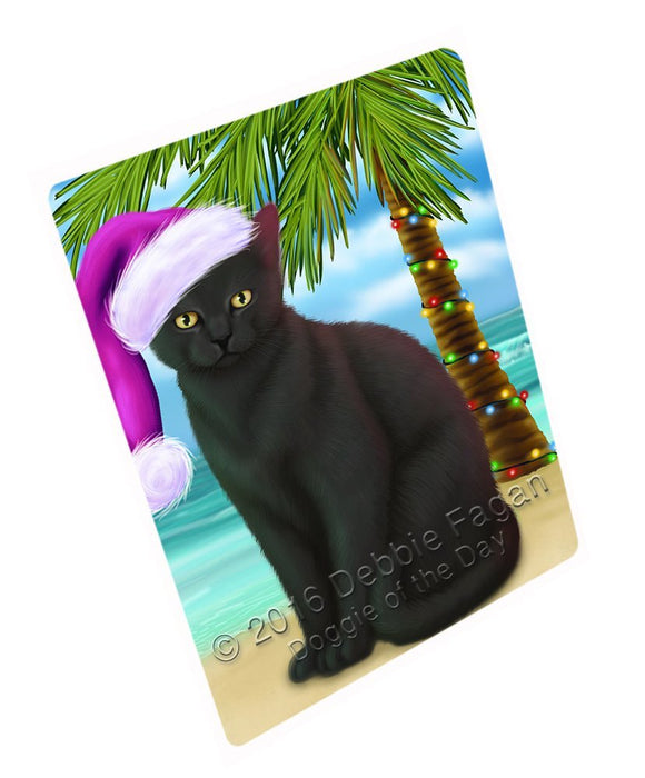 Summertime Happy Holidays Christmas Black Cat on Tropical Island Beach Tempered Cutting Board