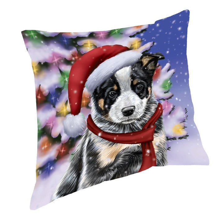 Winterland Wonderland Australian Shepherds Dog In Christmas Holiday Scenic Background Throw Pillow